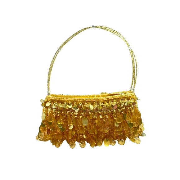 Gold Beaded Evening Handbag With Sequins & Drop Accents Beaded Handle Zipper Clo - Picture 1 of 7